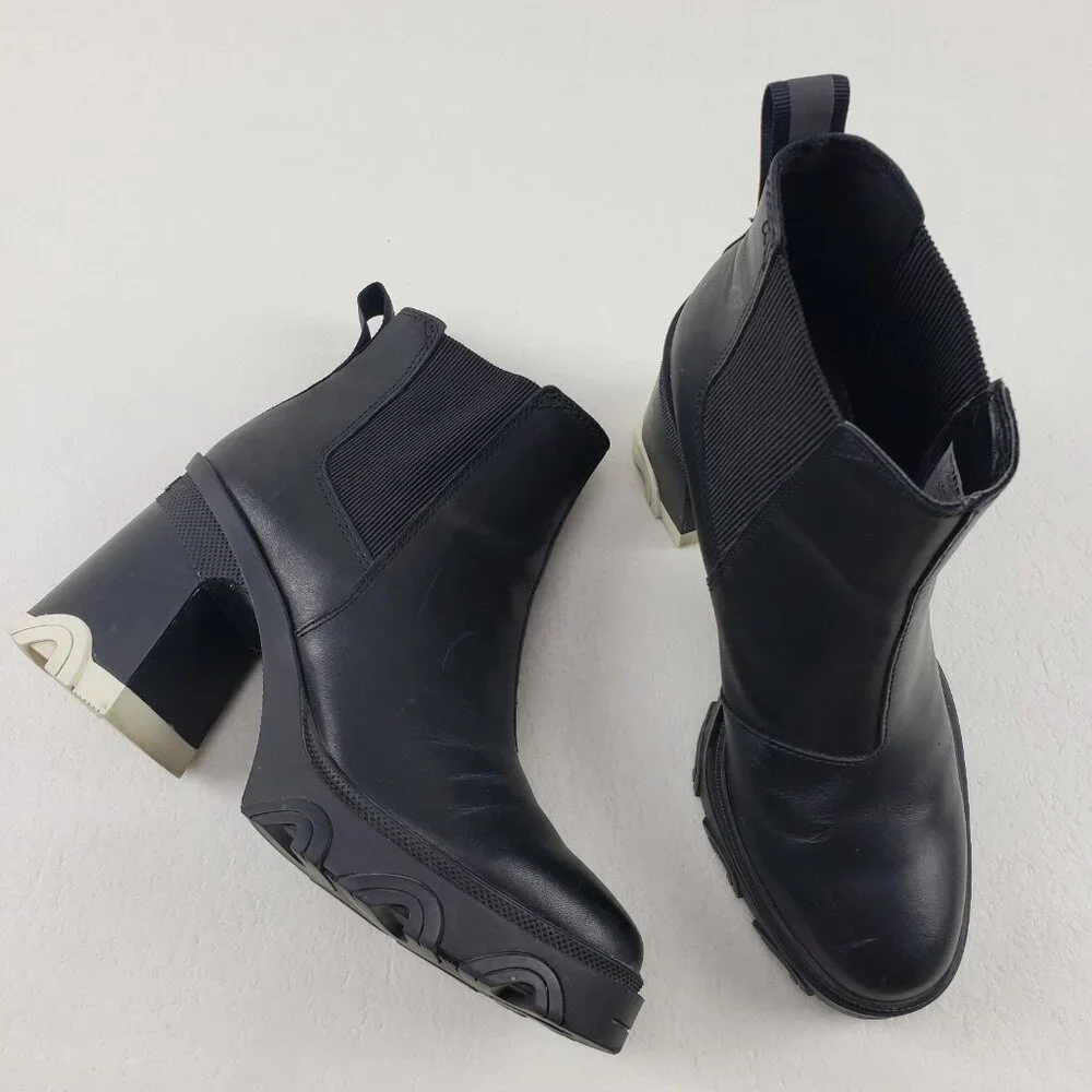 Sorel Brex Chelsea Ankle Boot Womens 8 Black Leather Pull On Waterproof Block - Picture 2 of 13